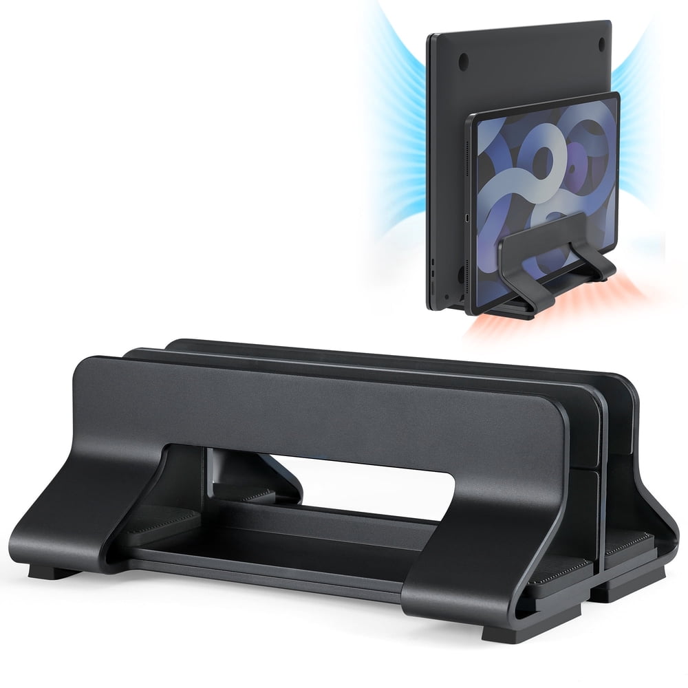 Vertical Laptop Docking Stand, Adjustable Dual-Slot Notebook and Tablet Holder, Black product photo