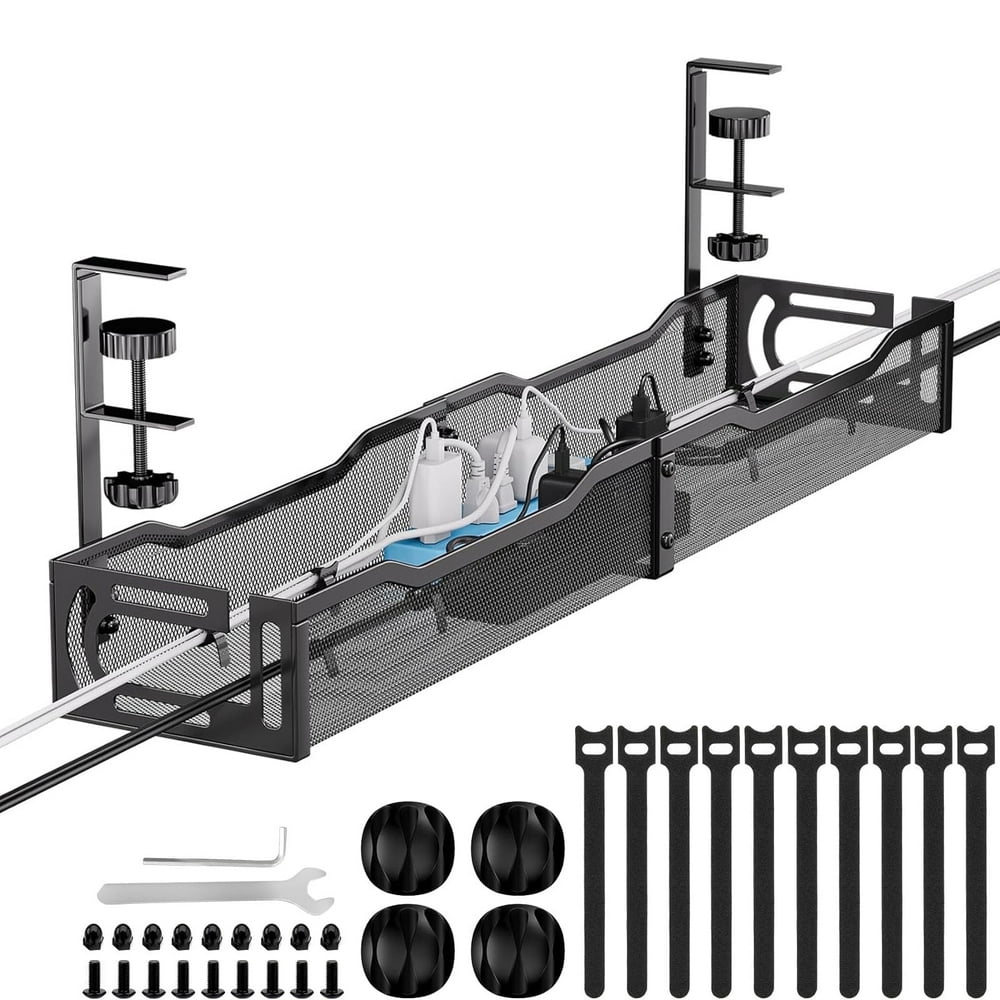 Under-Desk Cable Management Tray Bundle, Clamp-On Basket with Clips and Ties, Black product photo