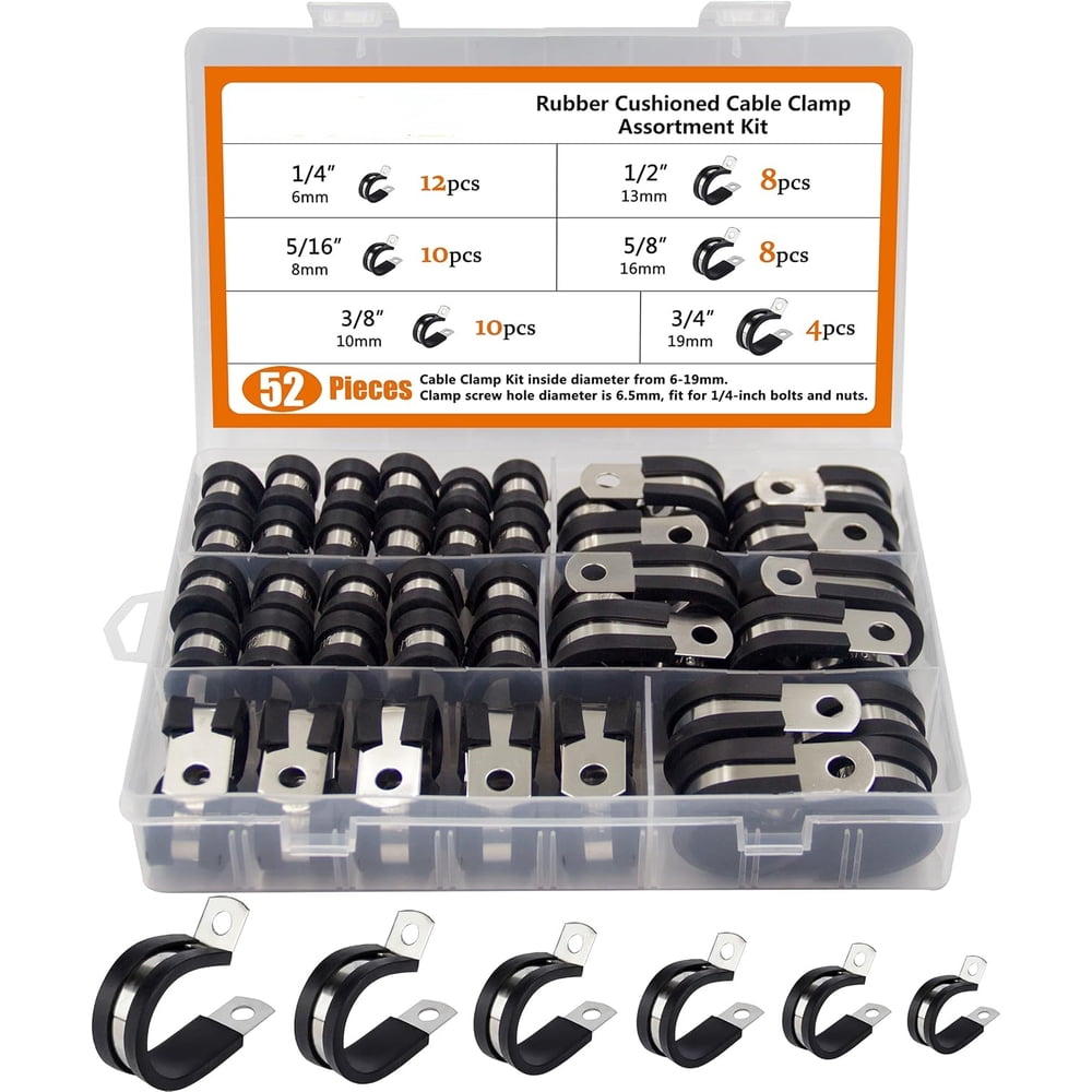 P-Clip Cable Clamp Stainless Steel Assorted 52-Piece, Rubber-Cushioned Wire Hose Line Mount, Silver & Black product photo
