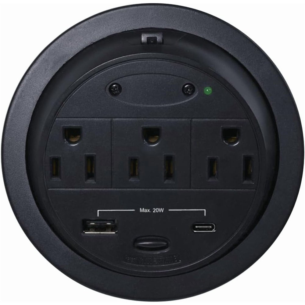 Recessed Desk Power Grommet, 3-Outlet Round In-Desk Charging Hub with USB-A and USB-C, Black product photo