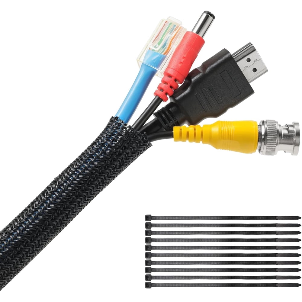 Self-Closing Braided Cable Sleeve, 1-Inch 10-Feet Wrap-Around Wire Loom with Zip Ties, Black product photo