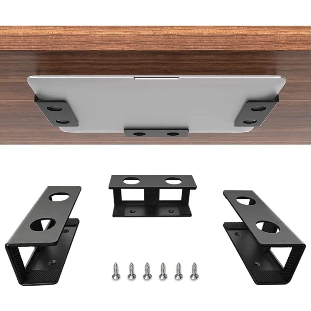 Under Desk Laptop Holder Mount, Clamp-On Vertical Notebook Storage Bracket, Black product photo