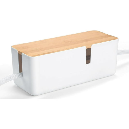 Cable Management Box with Bamboo Lid, Power Strip Cord Organizer Enclosure, White and Natural Wood  product photo