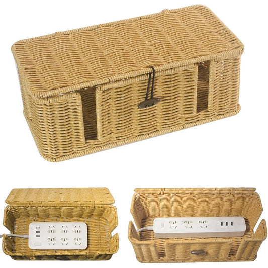 Woven Cable Management Box Large, Rattan-Look Power Strip Cord Organizer Hider Enclosure, Natural  product photo