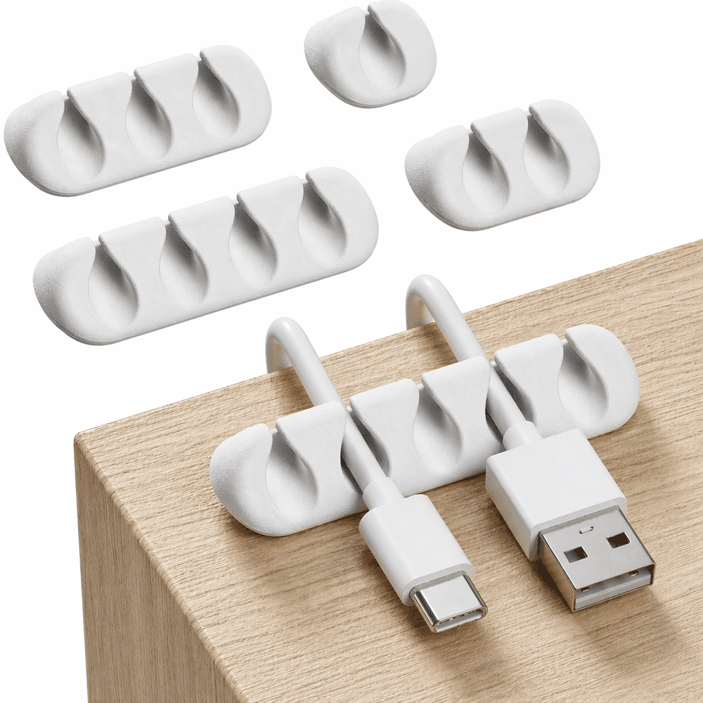 Cable Management Clip Set, Self-Adhesive Desk Cord Organizer with 1-5 Slot Holders, White  product photo