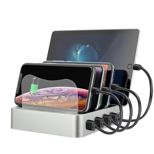 Desktop Multi-Device Charging Dock Station, 4-Slot Cable Organizer Stand for Phones & Tablets, Silver  product photo