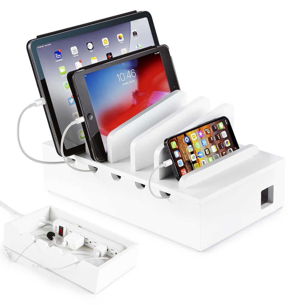 Desk Cable Management Charging Station, Multi-Device Dock Organizer Box, White  product photo