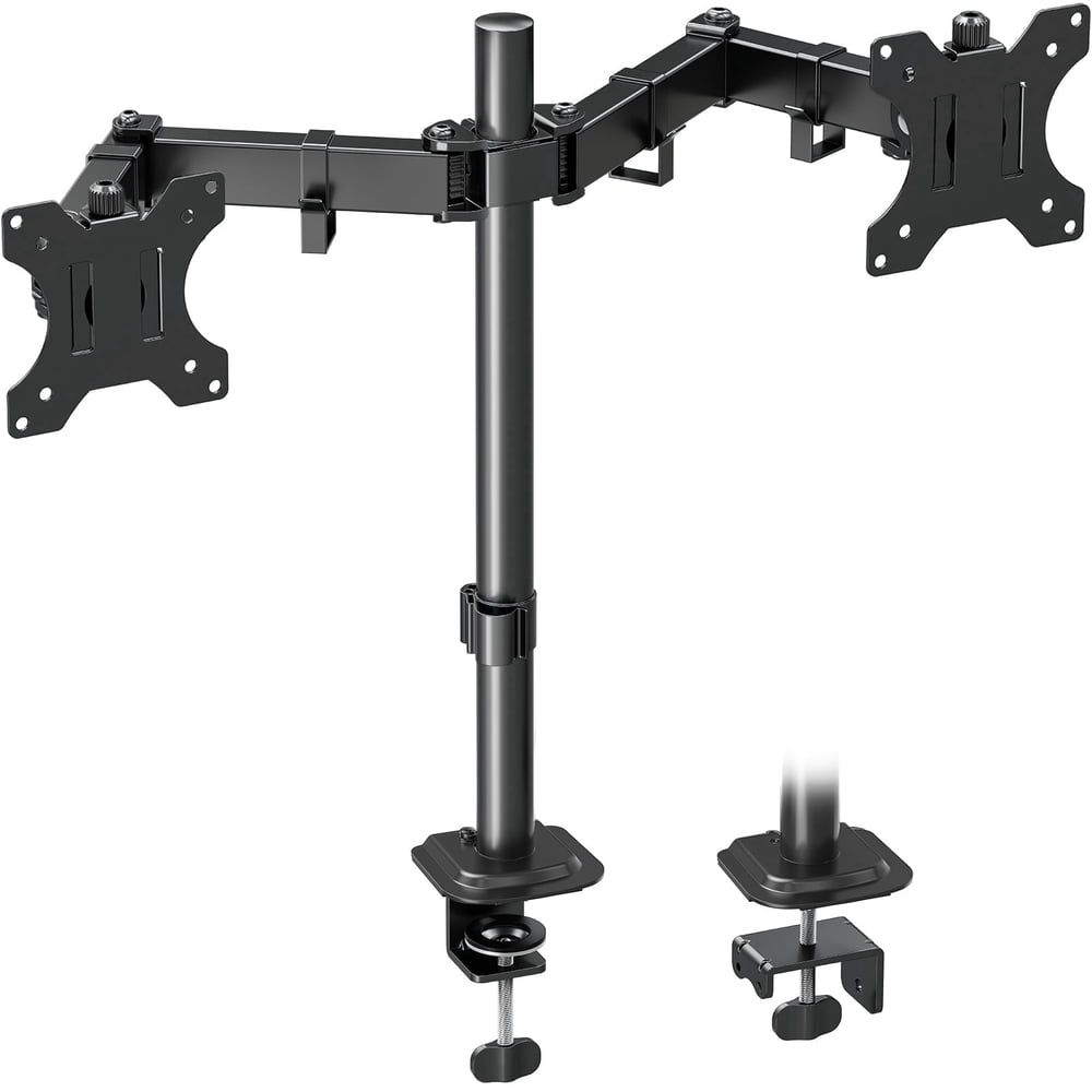 Dual Monitor Arm Desk Mount, Clamp-On Adjustable VESA Stand for Two Screens, Black  product photo