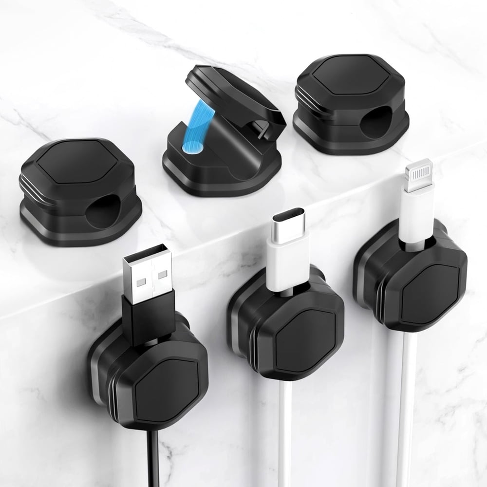 Magnetic Cable Organizer Clips 4-Pack, Under-Desk Cord Routing Holders, Black  product photo