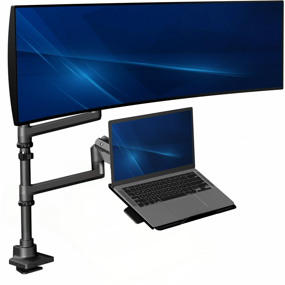 Monitor and Laptop Combo Arm Mount, Dual Clamp-On Desk Stand Adjustable, Black  product photo