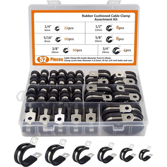 P-Clip Cable Clamp Stainless Steel Assorted 52-Piece, Rubber-Cushioned Wire Hose Line Mount, Silver & Black  product photo