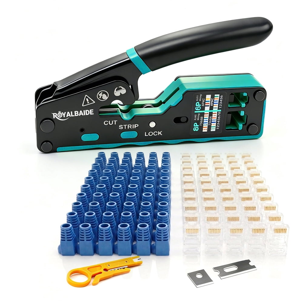 RJ45 Pass-Through Crimping Tool Kit with Connectors, Boots & Stripper, Ethernet Cable Set, Blue  product photo