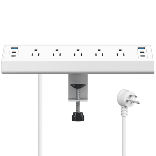 Under Desk Clamp-On Power Strip Mount, Surge Strip Holder with 5 Outlets and 4 USB Ports, No-Drill Desk Edge Bracket, White  product photo
