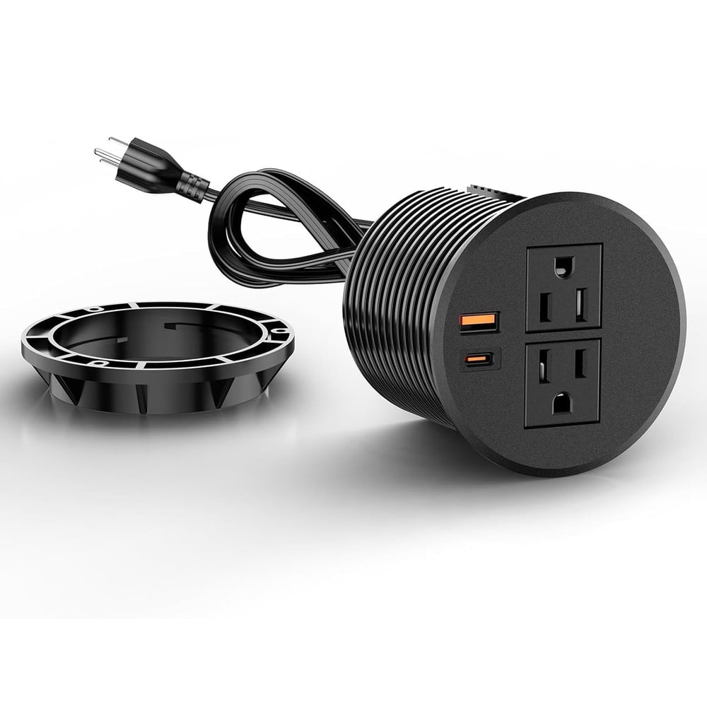 Recessed Desk Power Grommet, 2 AC Outlets with USB-A and USB-C Charging Hub, Black  product photo