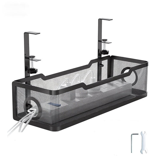 Under Desk Cable Management Tray, No-Drill Clamp-On Steel Mesh Power Strip Shelf, Cord and Adapter Organizer, Black  product photo
