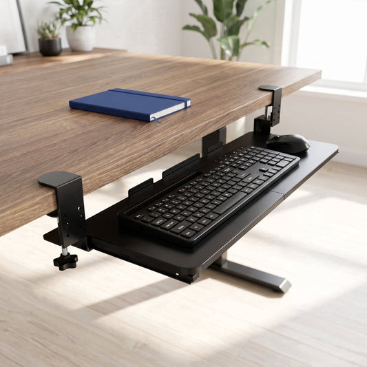 Under Desk Keyboard Tray, Clamp-On Pull-Out Steel Slide Shelf with Mouse Pad, Black  product photo